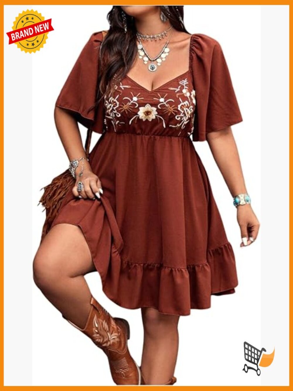 Plus Size Boho Floral Cowgirl Dress Flowy A-Line Sweetheart Ruffle